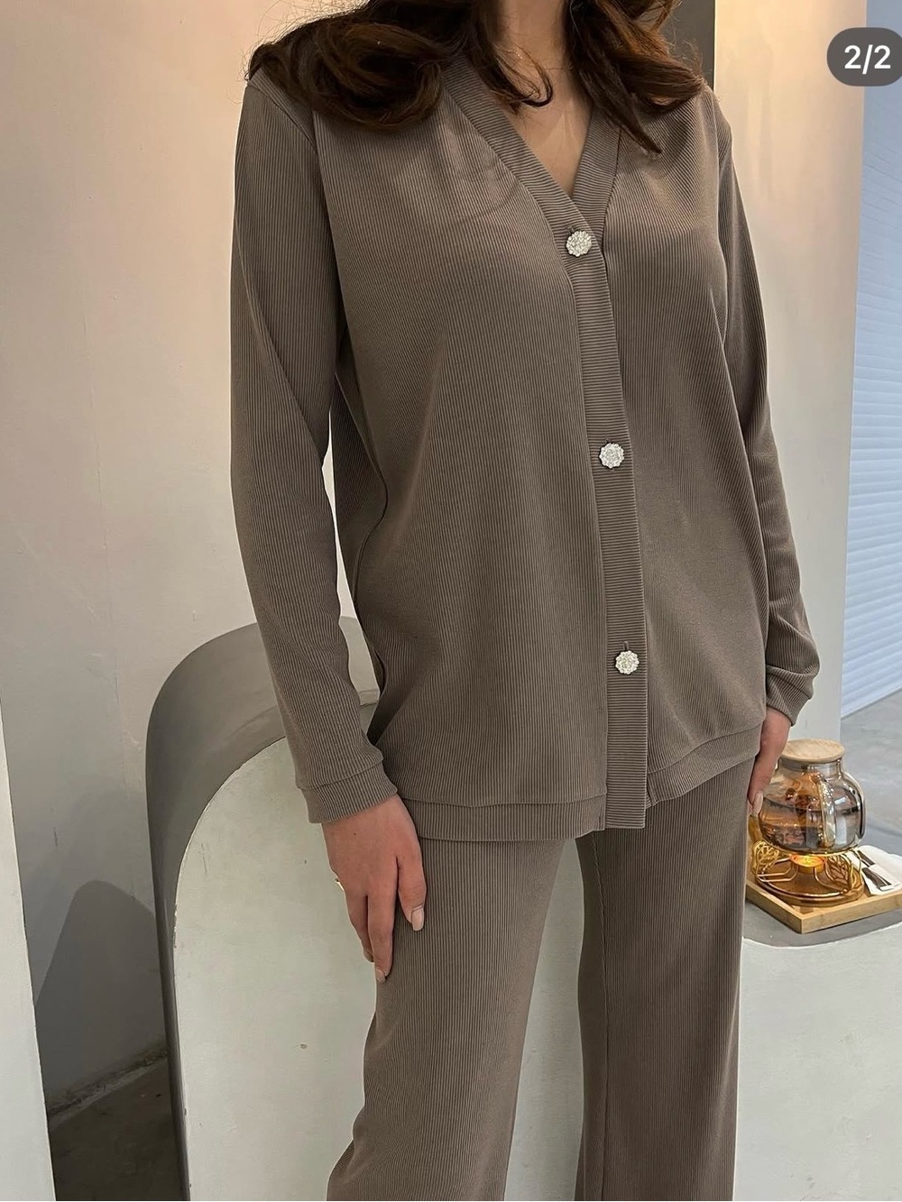 Favorise Matching Set: Ribbed Cardigan & Flare Pants – Coffee Brown